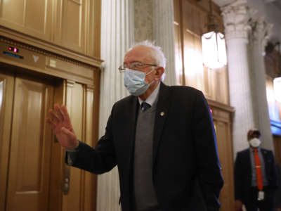 Sen. Bernie Sanders heads for the Senate Chamber to vote on the confirmation of Denis McDonough at the U.S. Capitol on February 8, 2021 in Washington, D.C.