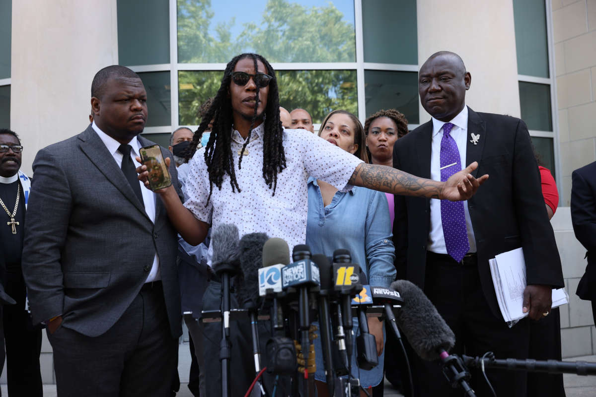 Khalil Ferebee, the son of Andrew Brown Jr., speaks during a press conference about the killing of his father on April 27, 2021, in Elizabeth City, North Carolina.