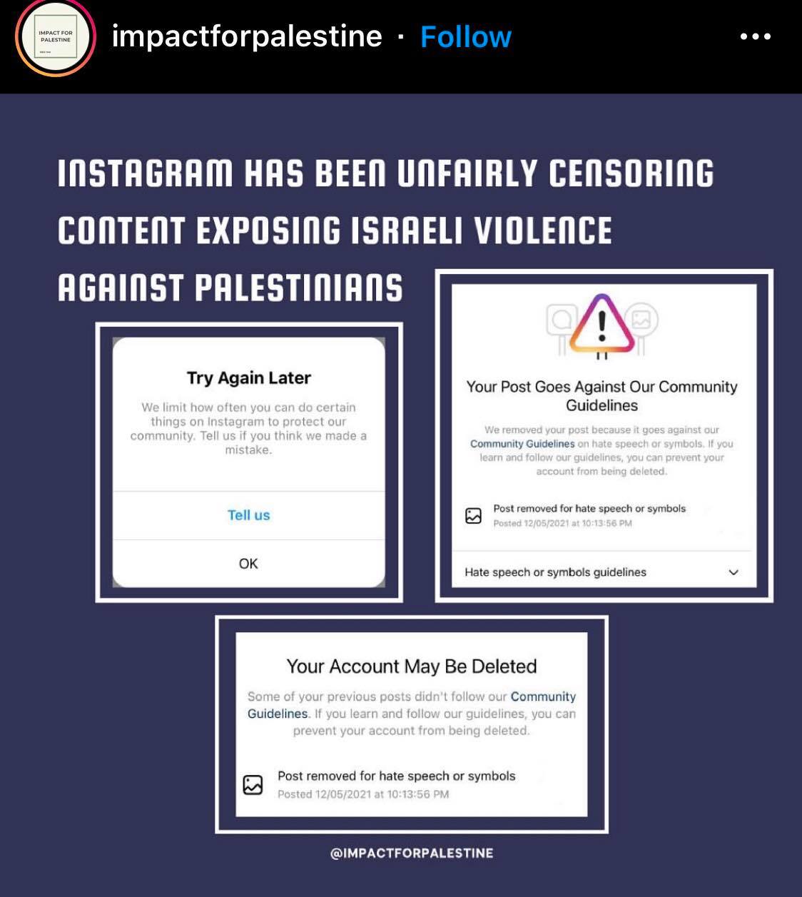 An Instagram post from "Impact for Palestine's" exposes Instagram's censorship of criticism of Israeli state violence in May 2021.