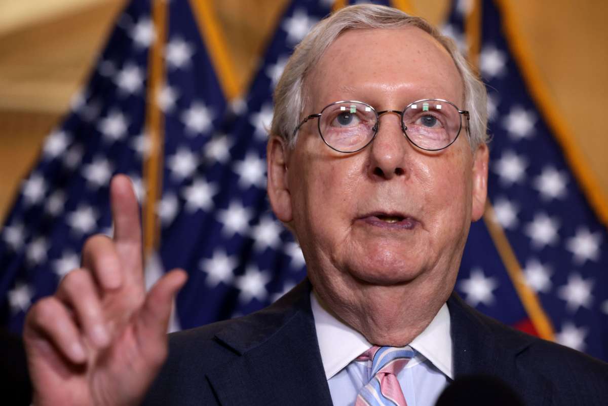 Senate Minority Leader Mitch McConnell speaks during a news briefing on April 27, 2021.