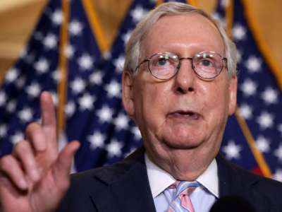 Senate Minority Leader Mitch McConnell speaks during a news briefing on April 27, 2021.