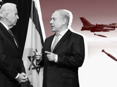 Then-Vice President Joe Biden and Israeli Prime Minister Benjamin Netanyahu are pictured with along with a F-16 jet releasing Joint Direct Attack Munitions
