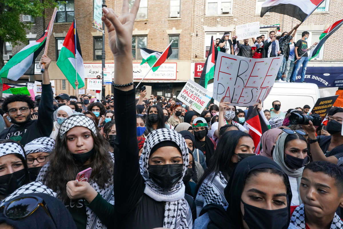 People gather for a demonstration to mark Nakba Day on May 15, 2021, in New York City.