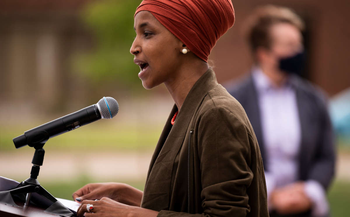 Rep. Ilhan Omar speaks during a press conference outside the Minnesota Democratic-Farmer-Labor Party headquarters on August 5, 2020, in St. Paul, Minnesota.