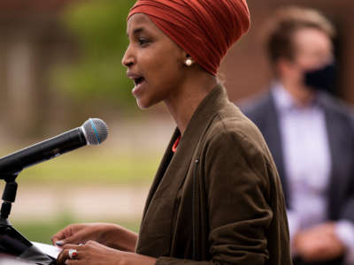 Rep. Ilhan Omar speaks during a press conference outside the Minnesota Democratic-Farmer-Labor Party headquarters on August 5, 2020, in St. Paul, Minnesota.