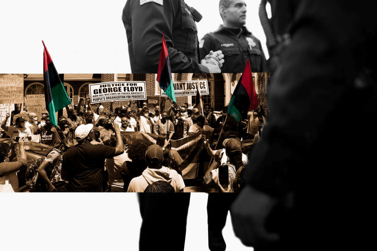 A photo collage of a protest in Camden, New Jersey, overlaid on top of a photo of Paterson, New Jersey, police officers.
