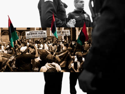 A photo collage of a protest in Camden, New Jersey, overlaid on top of a photo of Paterson, New Jersey, police officers.