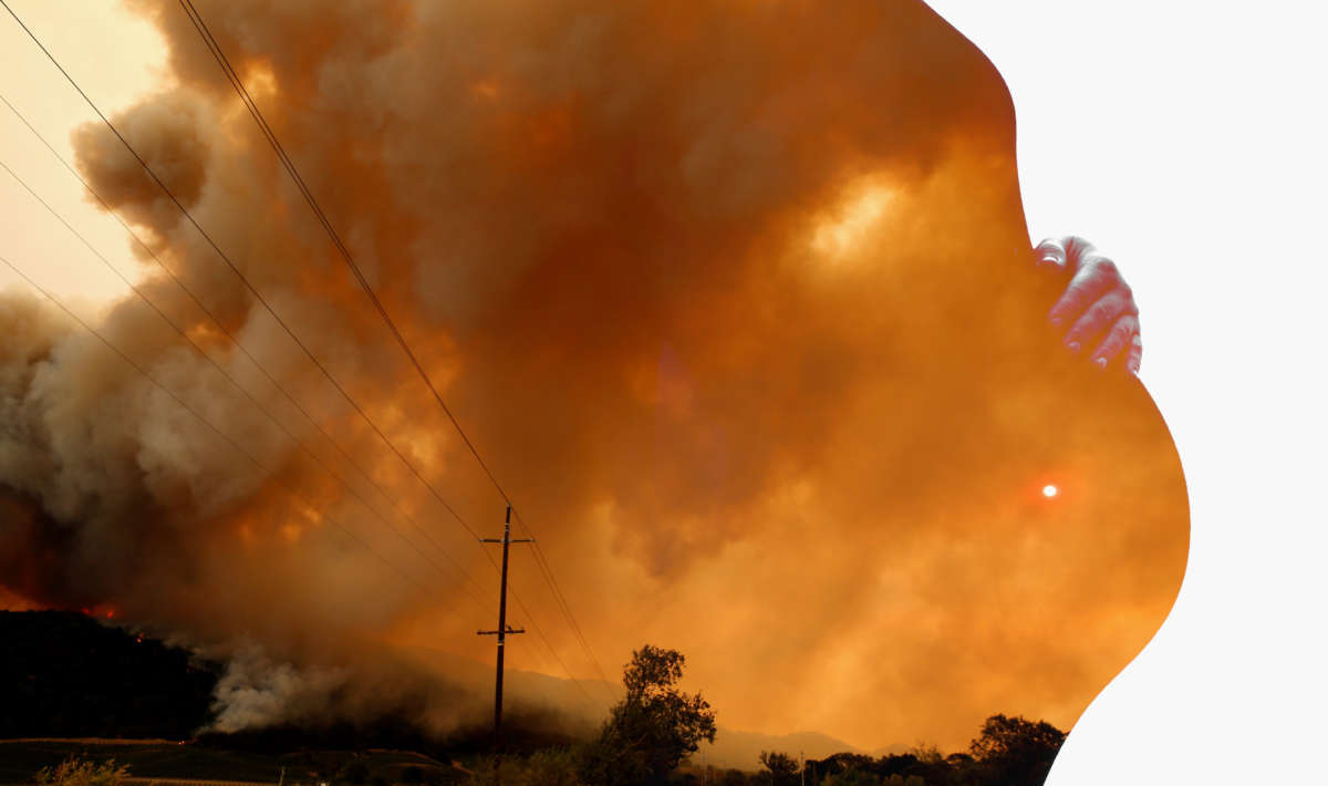 An image of wildfire smoke obscuring the sun is pictured over a pregnant person