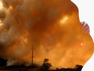 An image of wildfire smoke obscuring the sun is pictured over a pregnant person