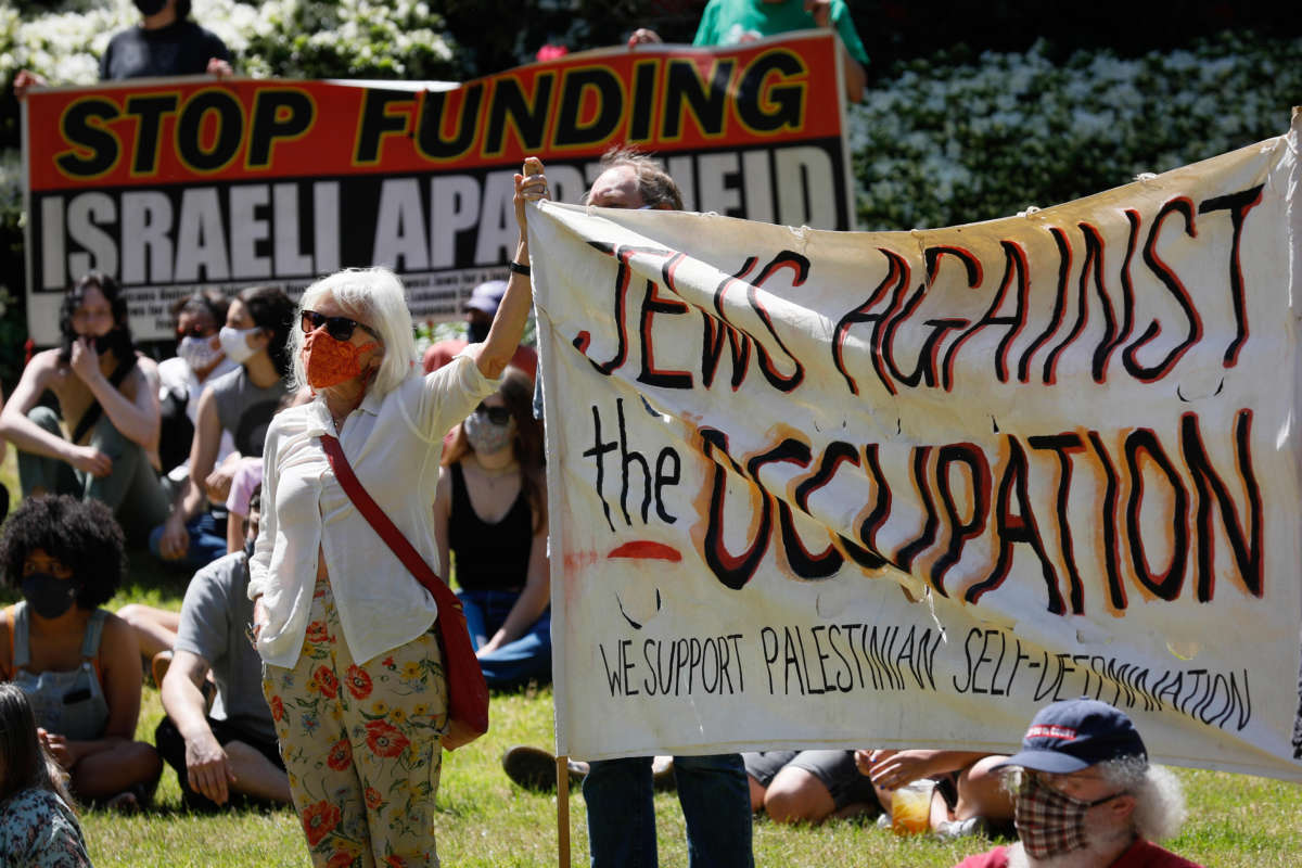 Protesters gather to stage a demonstration in support of Palestinians and to protest against Israeli attacks on Gaza Strip and East Jerusalem on the 73rd Nakba Day on May 15, 2021, in Portland, Oregon.