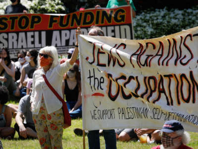 Protesters gather to stage a demonstration in support of Palestinians and to protest against Israeli attacks on Gaza Strip and East Jerusalem on the 73rd Nakba Day on May 15, 2021, in Portland, Oregon.