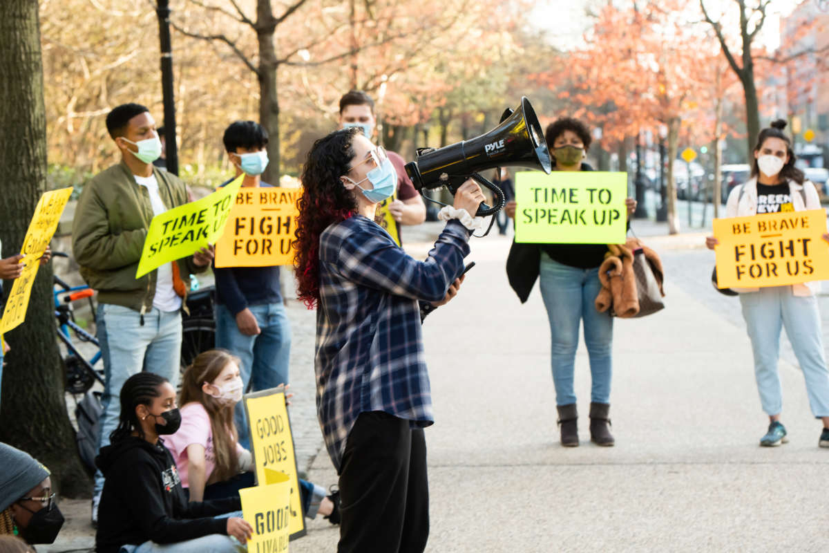 Paola Sanchez speaks during a rally with The Sunrise Movement to take action for an economic recovery and infrastructure package prioritizing climate, care, jobs, and justice, calling on Congress to pass the THRIVE Act on April 7, 2021, in New York City.