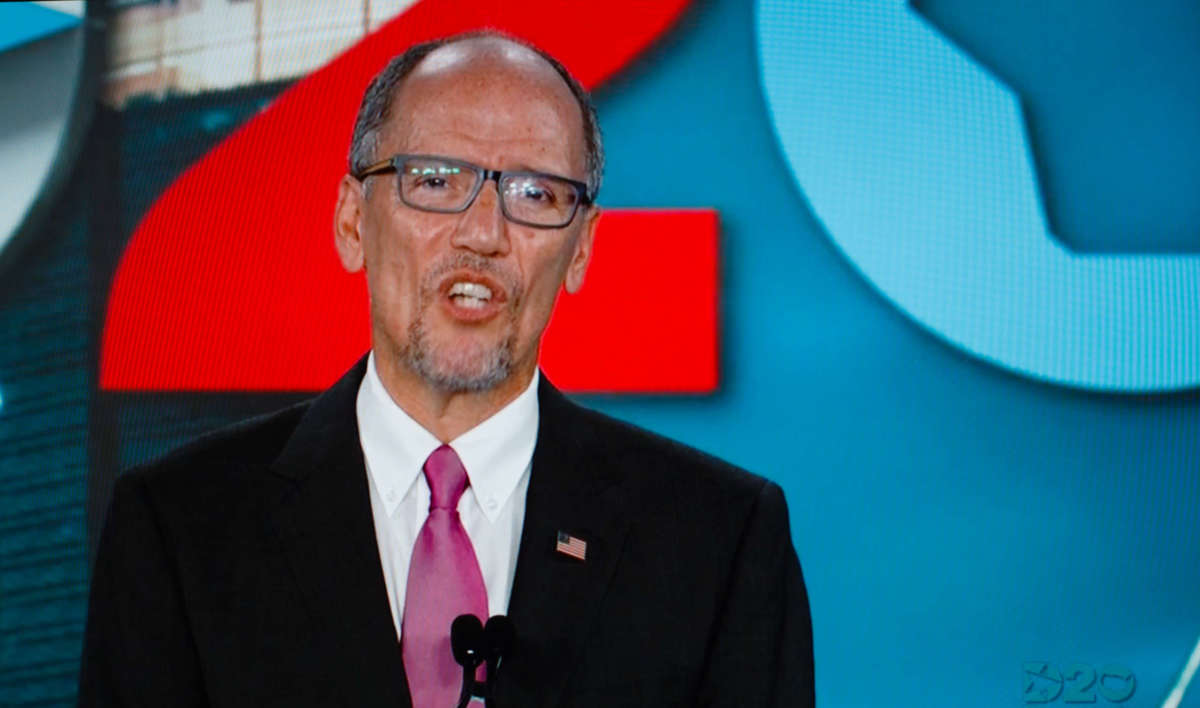 Former Chair of the Democratic National Committee Tom Perez addresses the virtual 2020 Democratic National Convention, livestreamed online on August 21, 2020.