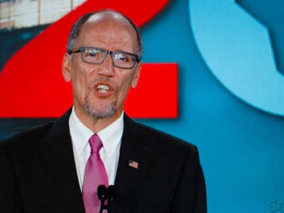 Former Chair of the Democratic National Committee Tom Perez addresses the virtual 2020 Democratic National Convention, livestreamed online on August 21, 2020.