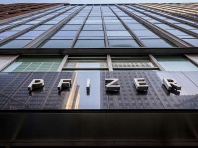 The main entrance to Pfizer Worldwide Headquarters in Manhattan, New York, New York, as seen on March 11, 2021. Pfizer spent $3.7 million lobbying in the first quarter of this year.