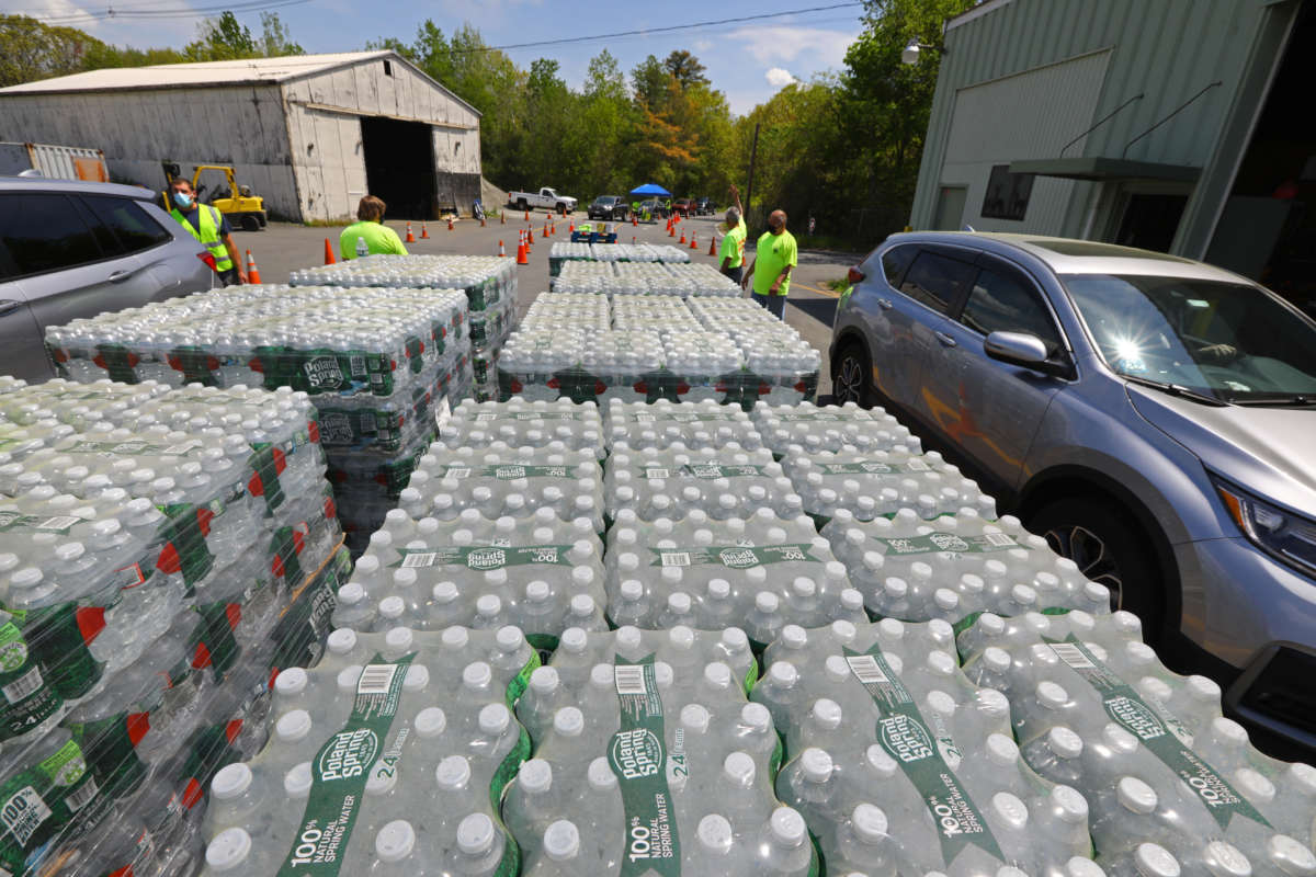 The city of Wayland, Massachusetts, distributes bottled water to the public due to elevated levels of PFAS found in its public water sources on May 16, 2021.