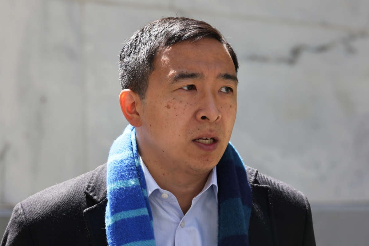 NYC mayoral candidate Andrew Yang speaks at a press conference at Tweed Courthouse in Manhattan on May 11, 2021, in New York City.