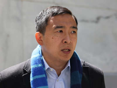 NYC mayoral candidate Andrew Yang speaks at a press conference at Tweed Courthouse in Manhattan on May 11, 2021, in New York City.