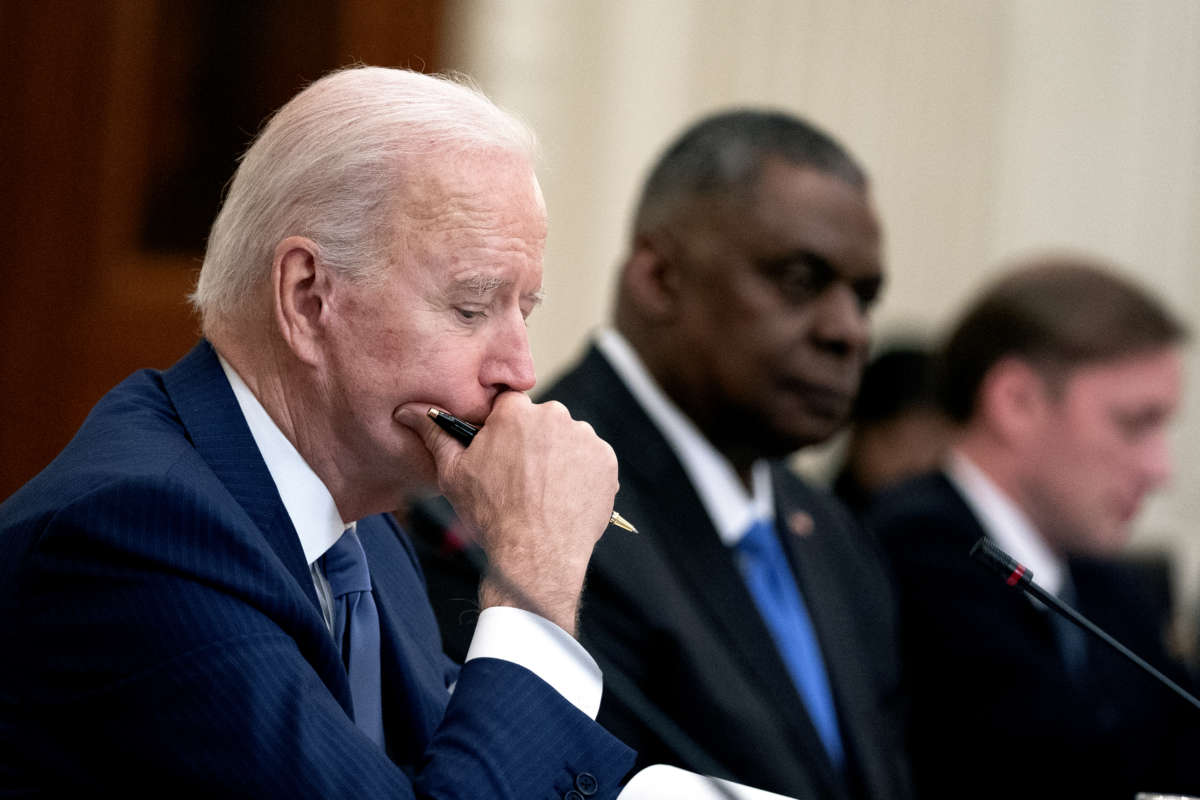 President Joe Biden listens during a meeting in the White House on May 21, 2021.