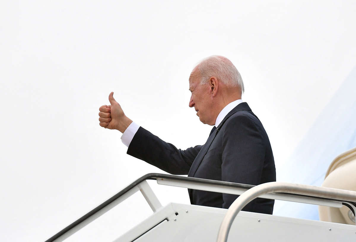President Joe Biden boards Air Force One before departing from Tulsa International Airport in Tulsa, Oklahoma, on June 1, 2021.