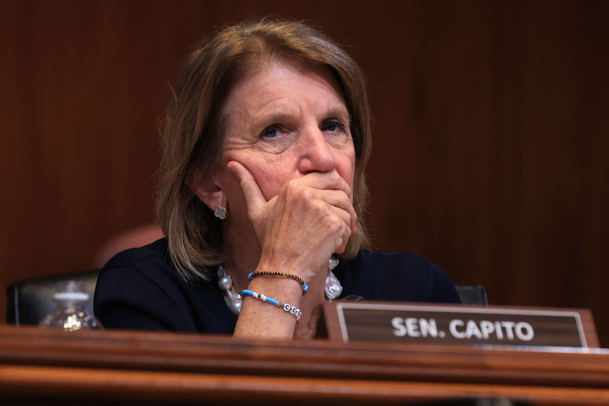 Sen. Shelley Moore Capito (R-West Virginia) listens to testimony during a hearing in the Dirksen Senate Office Building on Capitol Hill on May 26, 2021.