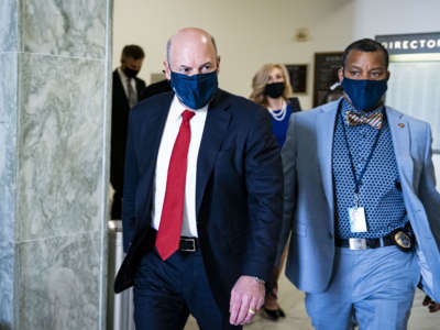 United States Postal Service Postmaster General Louis DeJoy departs following a House Oversight and Reform Committee hearing on Capitol Hill on February 24, 2021 in Washington, DC.