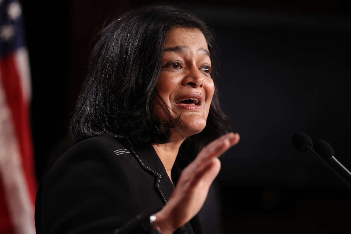 Rep. Pramila Jayapal (D-Washington) holds a news conference at the U.S. Capitol on March 01, 2021 in Washington, D.C.