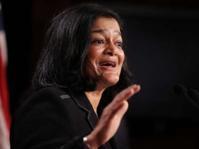 Rep. Pramila Jayapal (D-Washington) holds a news conference at the U.S. Capitol on March 01, 2021 in Washington, D.C.