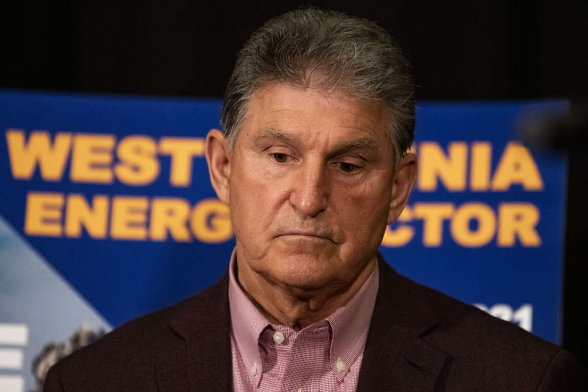 Sen. Joe Manchin (D-West Virginia) attends a news conference at the Marriott Hotel at Waterfront Place June 3, 2021 in Morgantown, West Virginia.