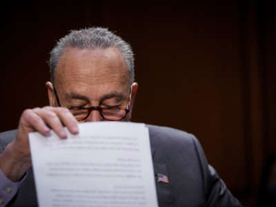 Senate Majority Leader Chuck Schumer looks over notes during a Senate Judiciary Committee hearing on judicial nominations on June 9, 2021, in Washington, D.C.