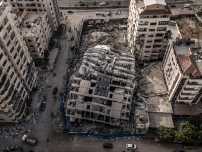 An aerial view of a collapsed building