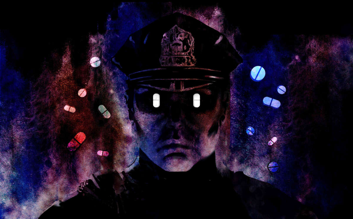 Illustration of police officer with pills for eyes, pills swirling about