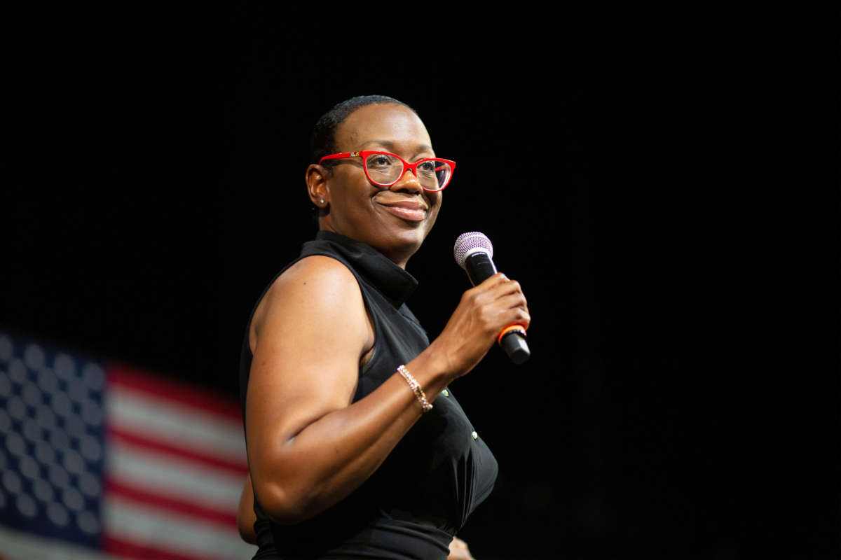 Former Ohio State Sen. Nina Turner speaks before then-Democratic presidential hopeful Sen. Bernie Sanders takes the stage for a town hall discussion about health care on July 25, 2019, in Los Angeles, California.