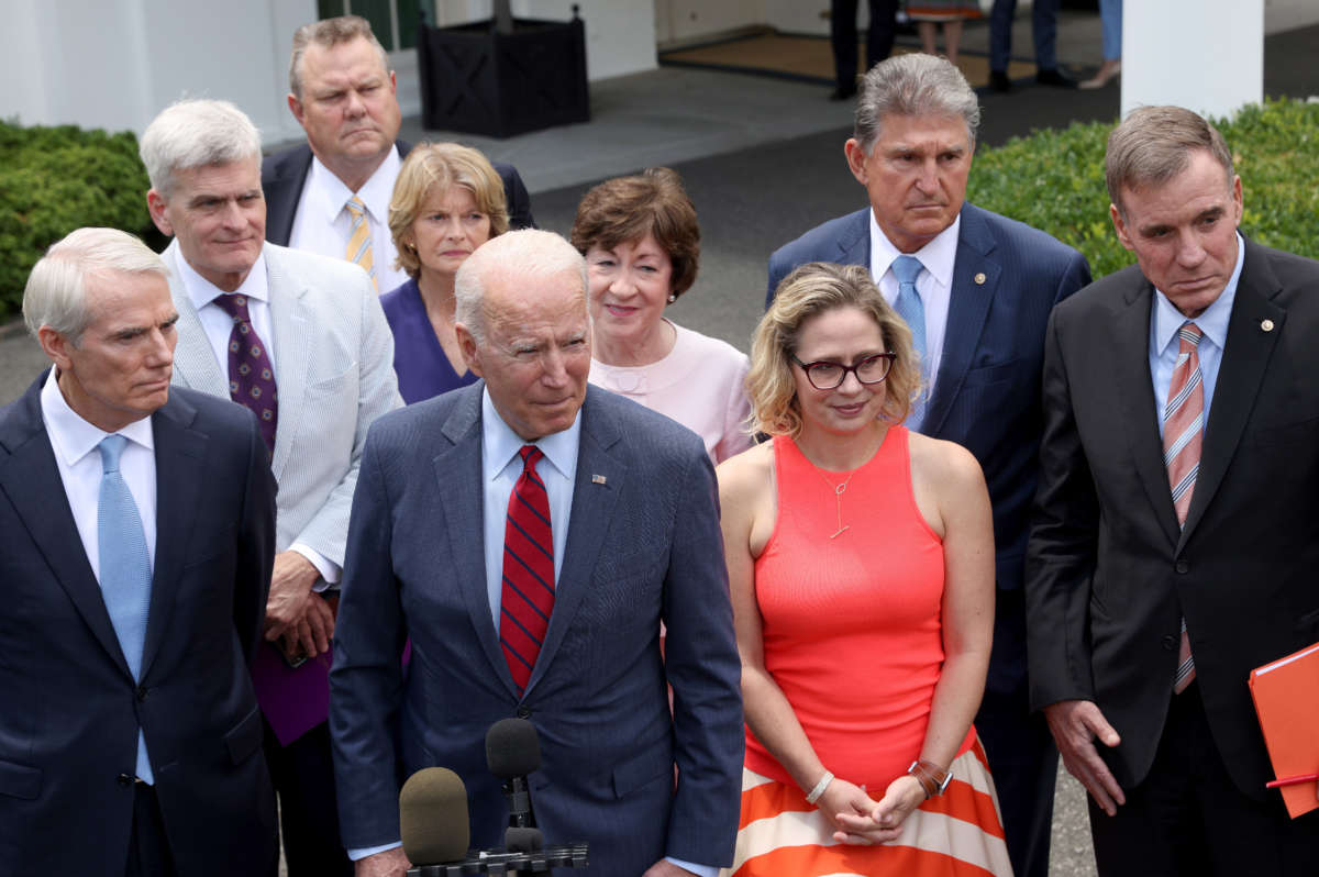 President Joe Biden speaks outside the White House with a bipartisan group of senators after meeting on an infrastructure deal June 24, 2021, in Washington, D.C.