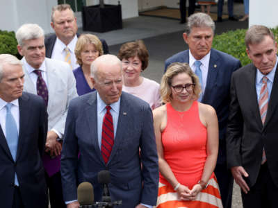 President Joe Biden speaks outside the White House with a bipartisan group of senators after meeting on an infrastructure deal June 24, 2021, in Washington, D.C.