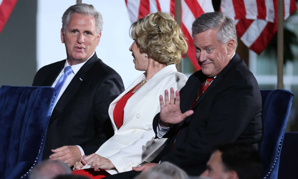 House Minority Leader Kevin McCarthy, Debbie Meadows and White House chief of staff Mark Meadows interact on the South Lawn of the White House on August 27, 2020, in Washington, D.C.