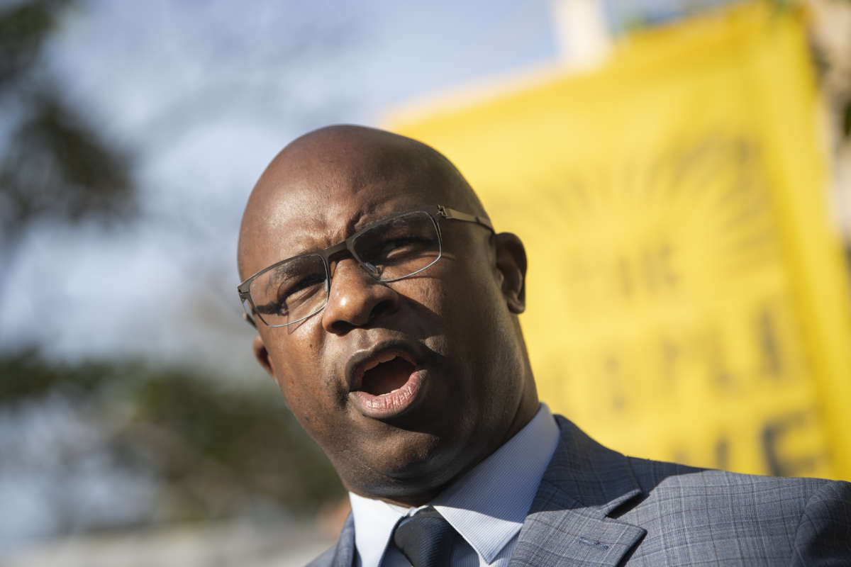 Then Representative-elect Jamaal Bowman (D-New York) speaks during a news conference outside of the Democratic National Headquarters in Washington on Thursday, Nov. 19, 2020.