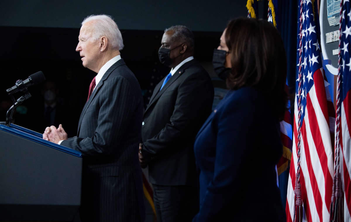 President Joe Biden speaks alongside Vice President Kamala Harris and Secretary of Defense Lloyd Austin during a visit to the Pentagon in Washington, D.C., on February 10, 2021.