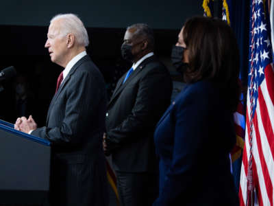 President Joe Biden speaks alongside Vice President Kamala Harris and Secretary of Defense Lloyd Austin during a visit to the Pentagon in Washington, D.C., on February 10, 2021.