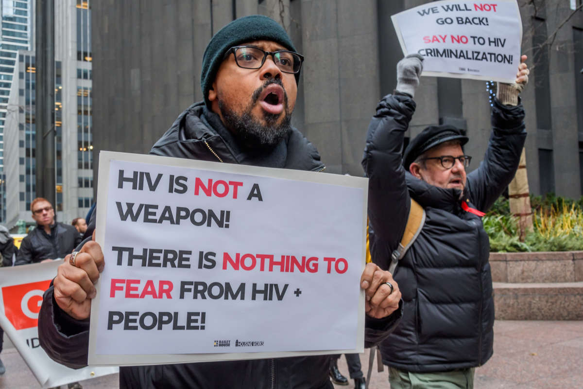 A number of HIV services of organizations such as ACT UP NY, Bailey House, GMHC, Housing Works, VOCAL-NY and activists held a rally in front of the CBS Headquarters in New York to demand accountability for HIV-stigmatizing coverage, on January 10, 2020, in New York City.