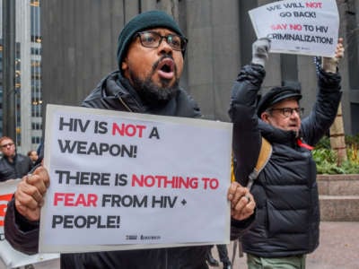 A number of HIV services of organizations such as ACT UP NY, Bailey House, GMHC, Housing Works, VOCAL-NY and activists held a rally in front of the CBS Headquarters in New York to demand accountability for HIV-stigmatizing coverage, on January 10, 2020, in New York City.
