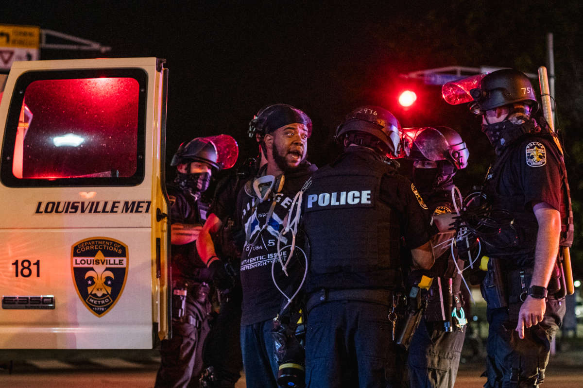 A demonstrator is arrested on September 26, 2020, in Louisville, Kentucky. GOP legislators in Kentucky have since passed a bill to criminalize protest.