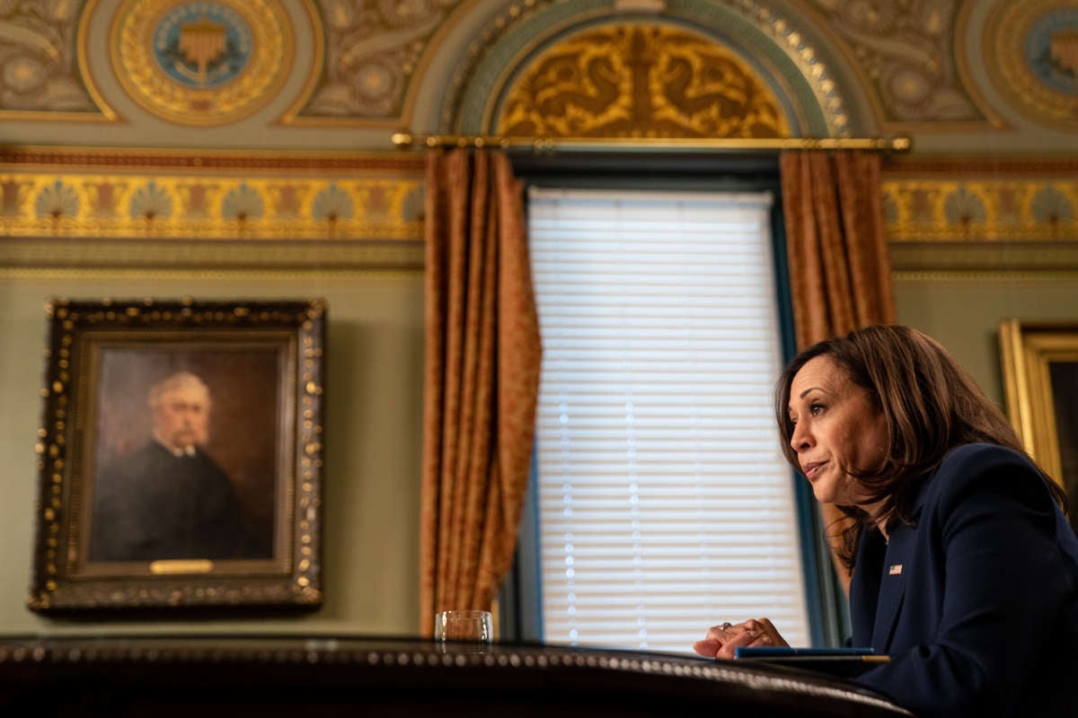 Vice President Kamala Harris meeting in-person with Guatemalan justice sector leaders in the Vice Presidents Ceremonial Office in the Eisenhower Executive Office Building on the White House campus on May 19, 2021.