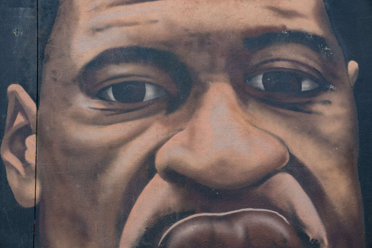 A mural of George Floyd painted downtown to memorialize the life of George Floyd is shown on the anniversary of his death on May 25, 2021, in Atlanta, Georgia.