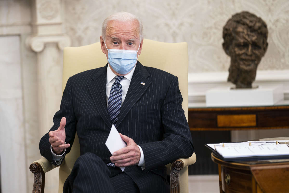 President Joe Biden speaks during a meeting with a bipartisan group of members of Congress to discuss investments in the American Jobs Plan in the Oval Office at the White House April 19, 2021, in Washington, D.C.