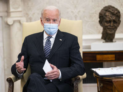 President Joe Biden speaks during a meeting with a bipartisan group of members of Congress to discuss investments in the American Jobs Plan in the Oval Office at the White House April 19, 2021, in Washington, D.C.