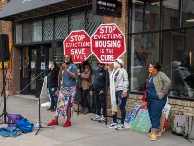 Protesters rally to stop housing evictions during the pandemic in Minneapolis, Minnesota, on May 8, 2021.