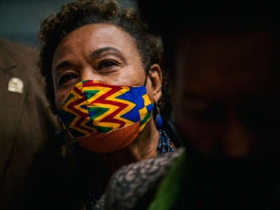 Rep. Barbara Lee listens during a commemoration rally on June 1, 2021, in Tulsa, Oklahoma.