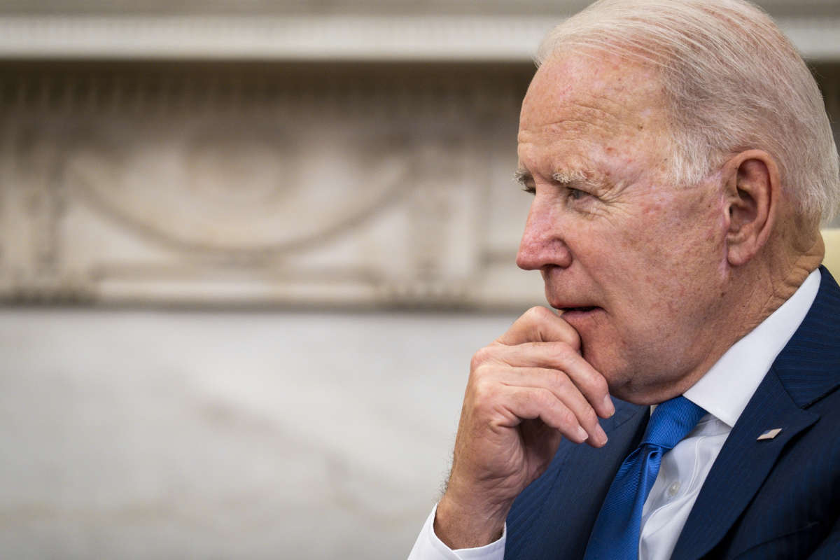 President Joe Biden makes brief remarks while hosting Afghanistan President Ashraf Ghani and Dr. Abdullah Abdullah, Chairman of the High Council for National Reconciliation, in the Oval Office at the White House on June 25, 2021, in Washington, D.C.