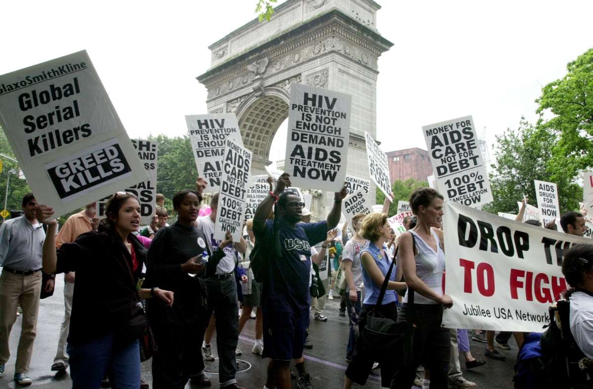 Participants in the Global Day of Action AIDS march and rally set out from Washington Square Park on the way to Sixth Ave in New York City, circa 2000.
